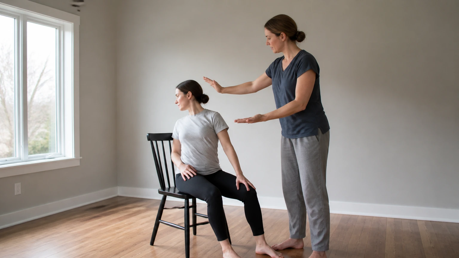 Apprenant observant la posture d’une personne assise dans un atelier lumineux